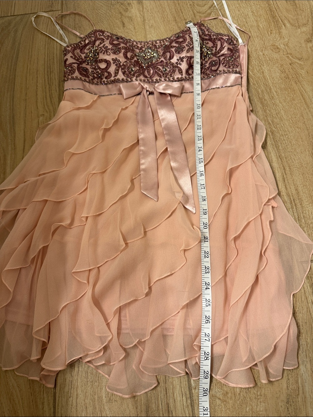 Sue Wong Peach and Mauve Beaded Tiered Chiffon Cocktail Dress - Picture 9 of 11